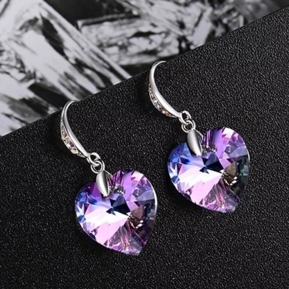 Colorful Rainbow Crystal Blue Purple Heart Drop Dangle Silver Hook Earrings